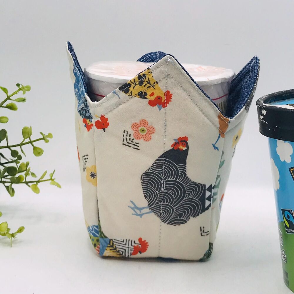 Microwave Pint Size Cozy, Reversible, Cottage Core Patchwork Chickens Cream Blue